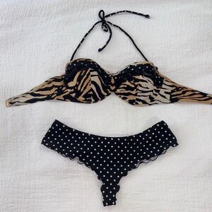 Victoria's Secret bikini set- animal print top with black lace-polka dot bottoms